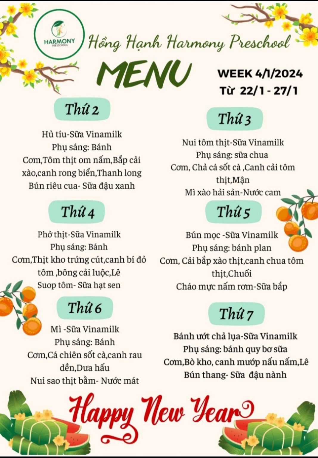 Thực đơn tuần 4 tháng 1 năm 2024